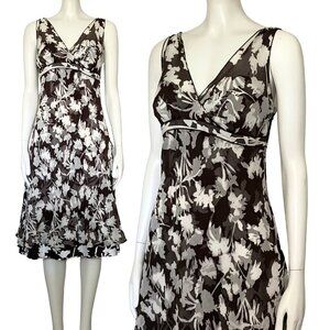 Vintage Y2K 100% Silk Ann Taylor Brown White Floral Midi Dress S/M Size 8 V Neck